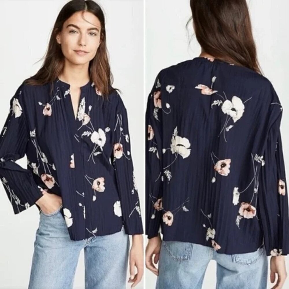 Vince Tossed Poppy Navy Blue Pink Floral Pleated Blouse